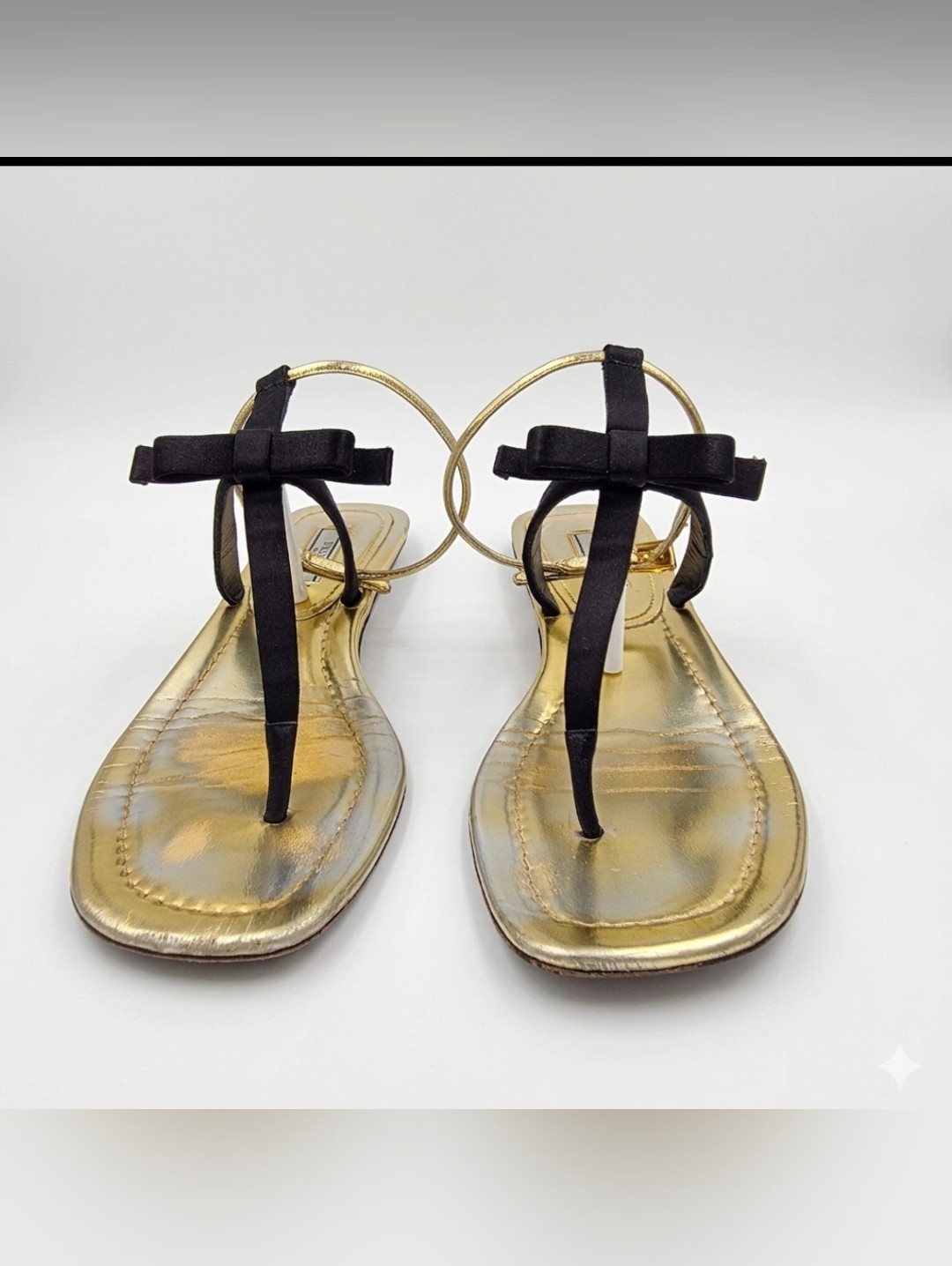 Authentic Prada Satin Bow T-Strap Flat Thong Sandals - Gold & Black (Size 36.5)